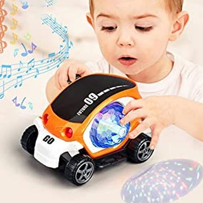 Plastic 360 Degree Rotating Stunt Car Toy For Kids - Bump And Go Action With 4D Lights And Music Plastic Mini Car With Disco Ball (1 Pc  Battery Not Included)