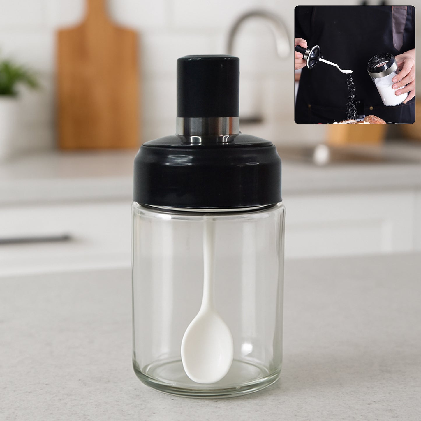 Transparent Glass Storage Jar With Built-In Spoon Approx 250Ml
