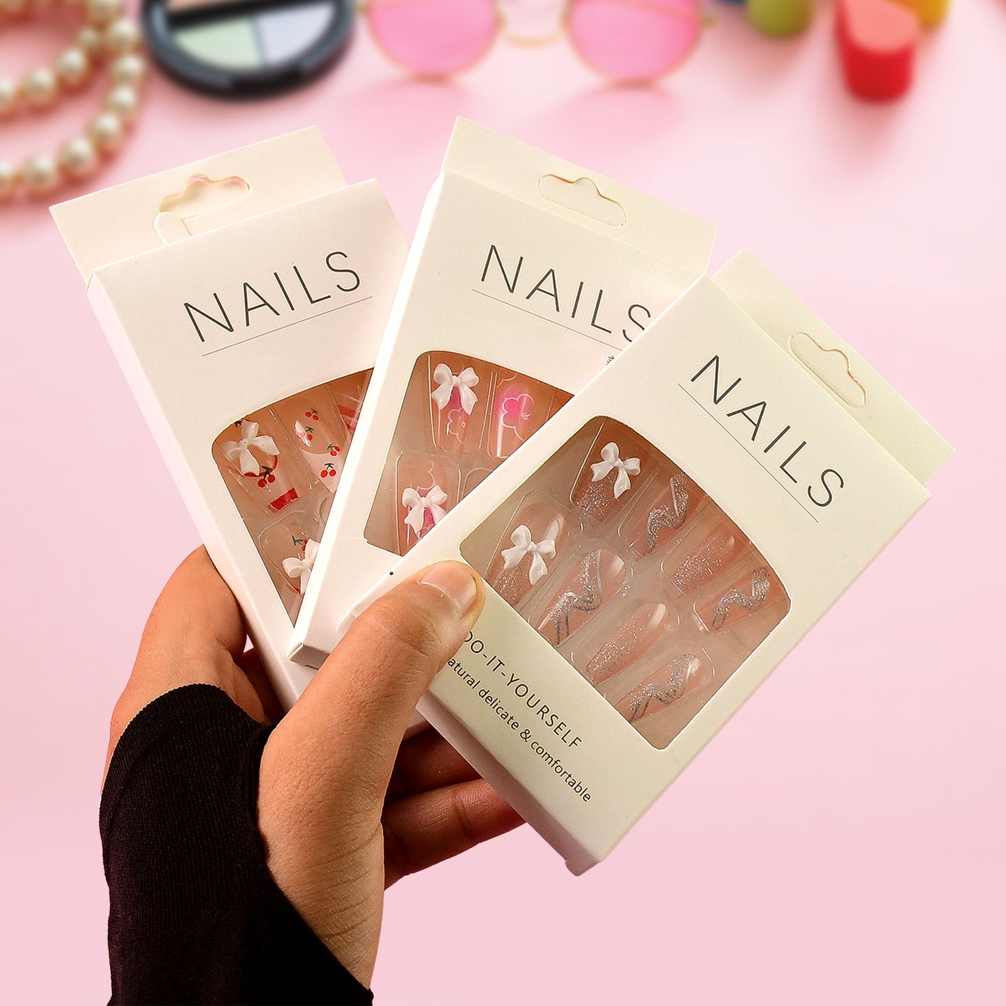 Reusable Press-On Artificial Nails With Adhesive Stickers (12 Pc)