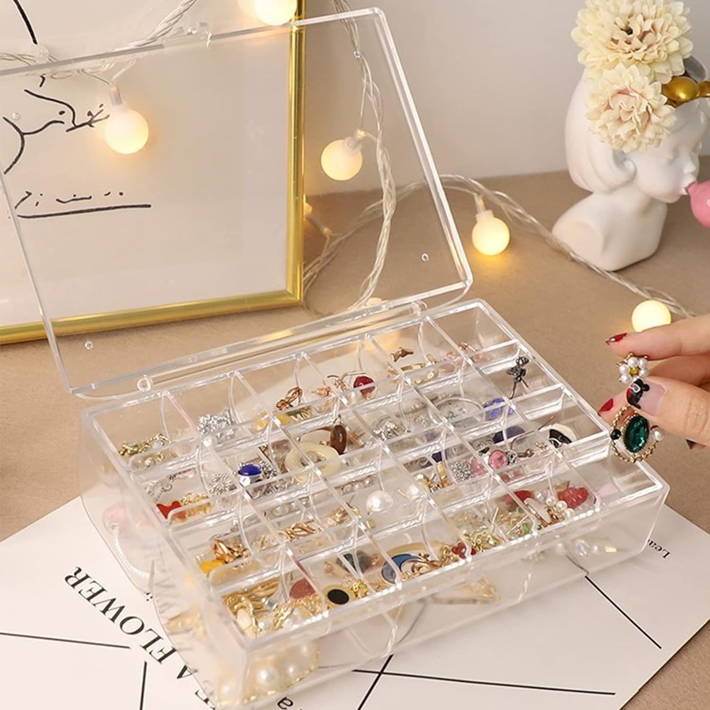 2 Layer Acrylic Jewelry Storage Box Dustproof Earring Box Storage Box Portable Nail Art Storage Case 24-Grid Small And 6-Grid Big Case Makeup Vanity Box (1 Pc  30 Compartment)