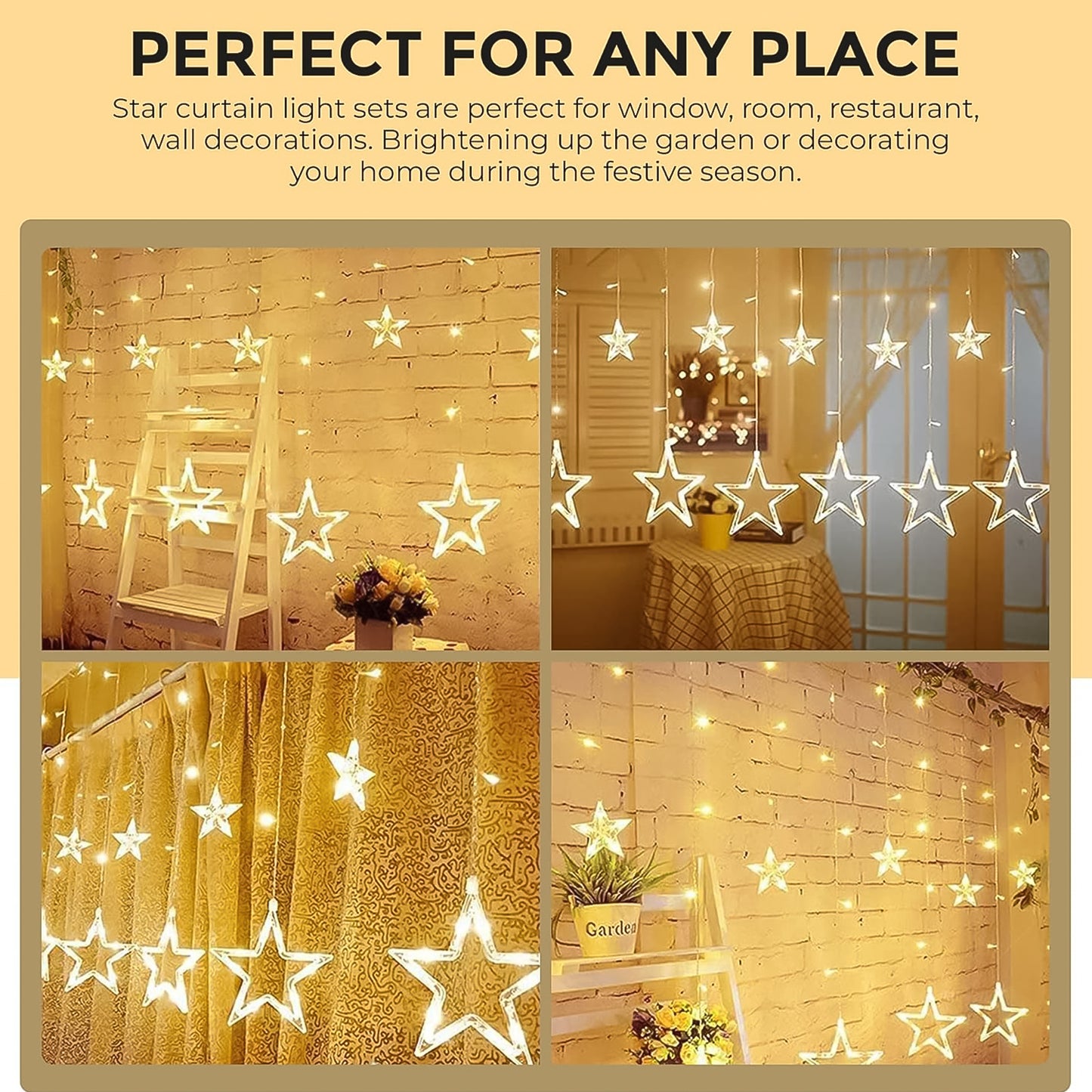 12 Stars Led Curtain String Lights With 8 Flashing Modes For Home Decoration Diwali  Wedding Led Christmas Light Indoor And Outdoor Light Festival Decoration  (Warm White)