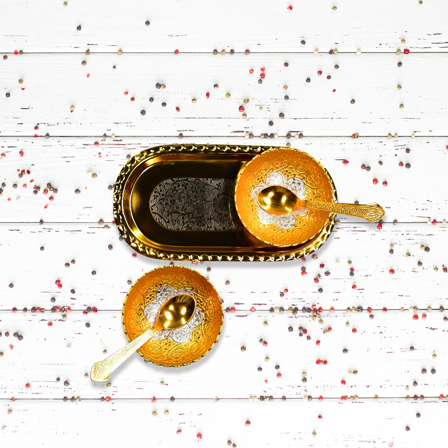Gold Silver Plated 2 Bowl 2 Spoon Tray Set Brass With Red Velvet Gift Box Serving Dry Fruits Desserts Gift