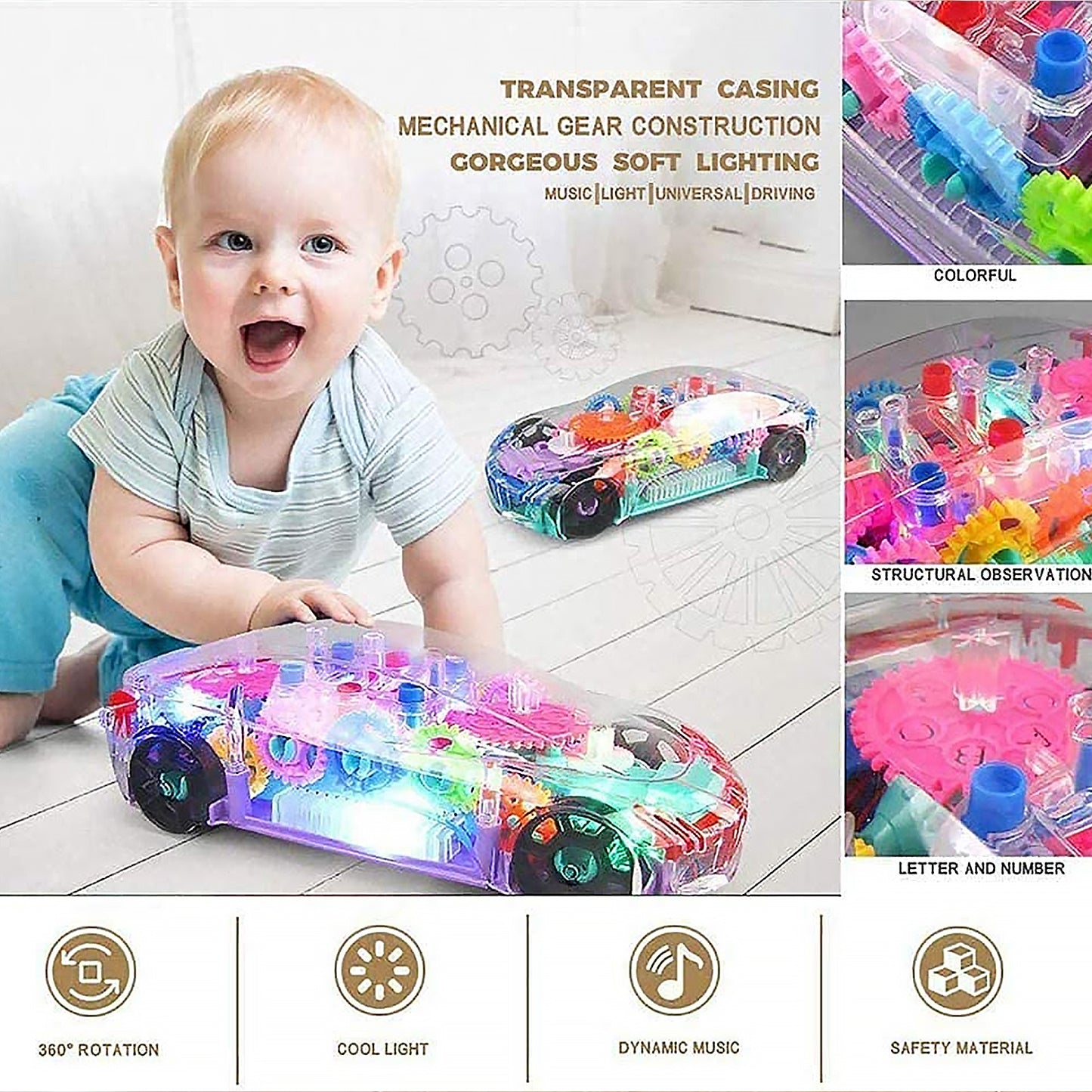 Automatic 360 Degree Rotating Transparent Gear Concept Car With Musical And 3D Flashing Lights Toy For Kids Boys  Girls (Multicolor  Battery Not Included)
