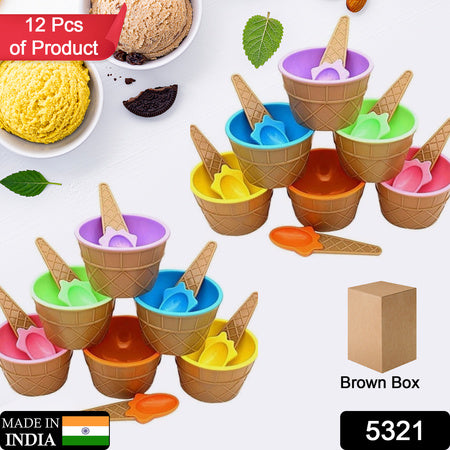 Ice Cream Bowl  Spoon Set Plastic Solid Colour Cream Cup Couple Bowl With Spoon. Ice Cream Spoon  Bowl Set 12 Pc Set Of Ice Cream Bowl  Spoon (Multi Color)