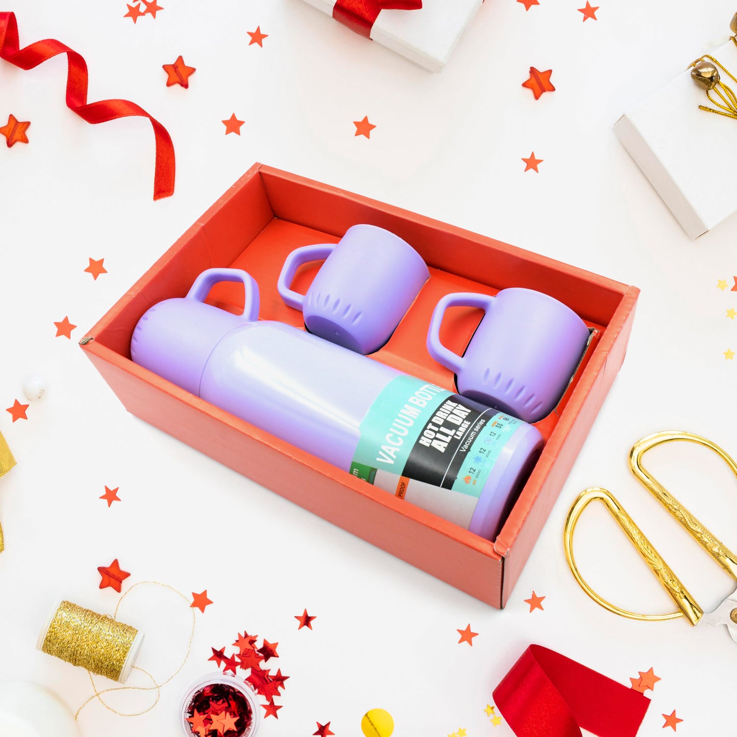 Vacuum Flask Set Stainless Steel Thermos With 3 Cup Creative Gift Set With Cover Handle Portable Car Water Bottle Set (Approx 500Ml)