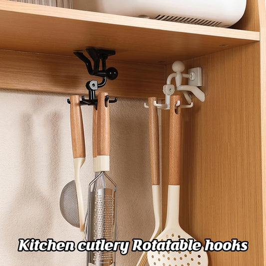 360 Degree Rotating Figure 6 Claw Kitchen Utensils Holder Hook Organizerkitchen Rack Non-Punching And Trace Sticky Hook For Bathroom Door Wall White (1 Pc )