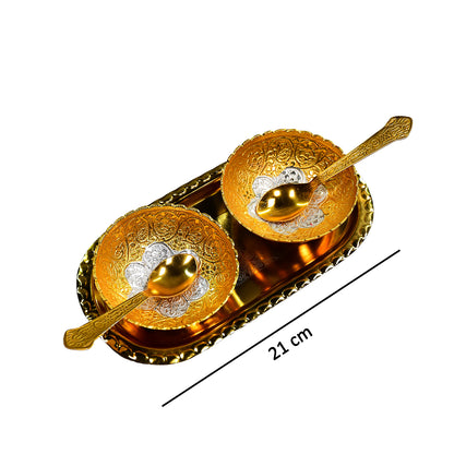 Gold Silver Plated 2 Bowl 2 Spoon Tray Set Brass With Red Velvet Gift Box Serving Dry Fruits Desserts Gift