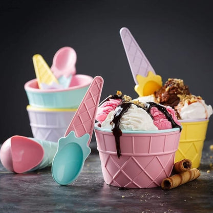 Ice-Cream Waffle Spoon Bowel Cup Set  Premium Ice Cream Set  Ice-Cream Bowel With Spoon  6 Units Couple Bowl Set  Color Box