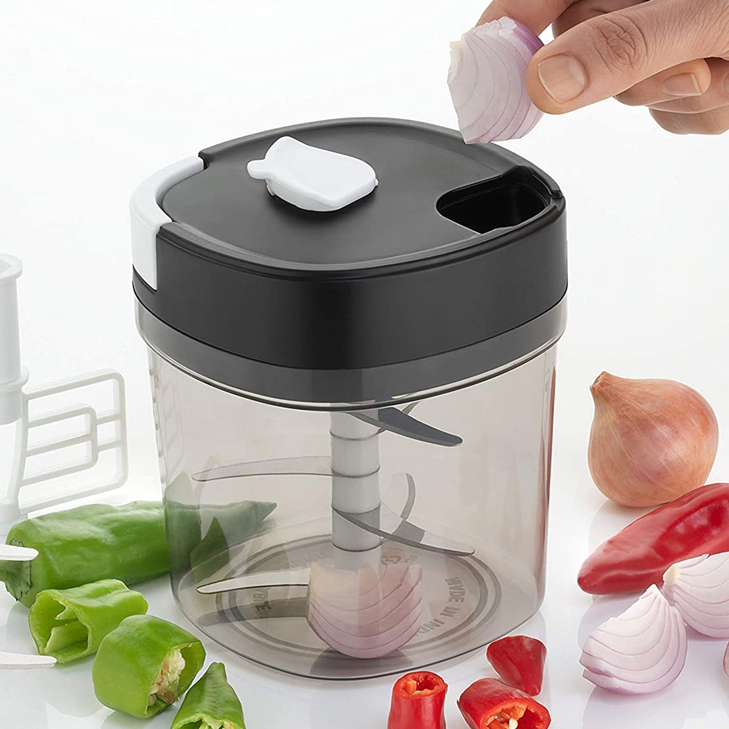 2 In 1 Handy Chopper And Slicer Used Widely For Chopping And Slicing Of Fruits Vegetables Cheese Etc. Including All Kitchen Purposes.