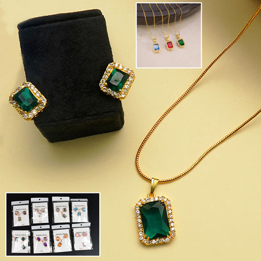 Stonependant Necklace Chain Set With Earrings (1 Set  Mix Color  Design)