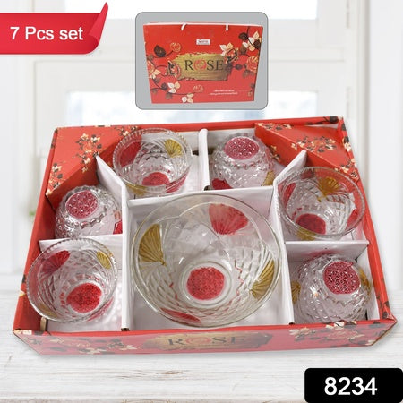 Rose Glass Multipurpose Pudding  Dessert  Ice Cream Bowl Set For Home Use Home  Kitchen Serving Bowl For Sundae Sweets Snacks Fruit Pudding Nuts Or Dip Serving Bowls 6 Medium  1 Big Bowl (Set Of 7 Pc)