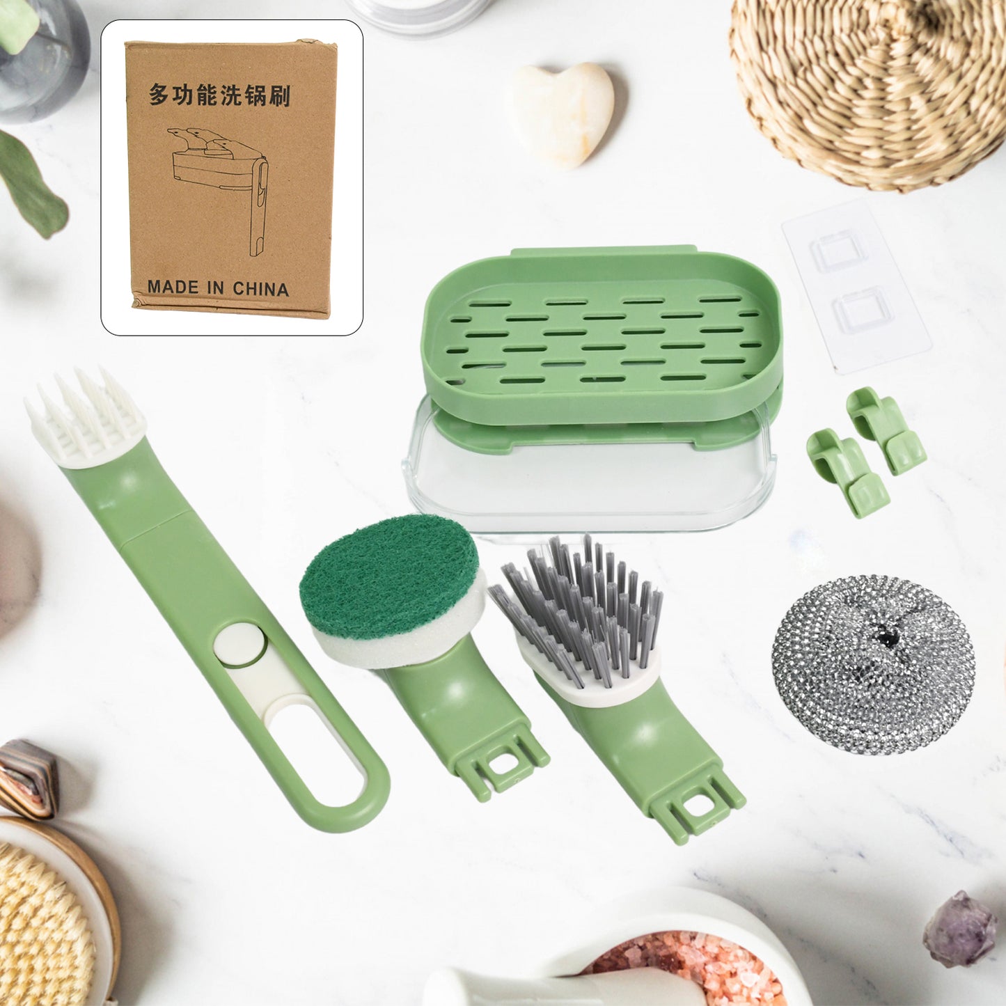 Dishbrush Set With Handle Replacement Heads Drain Tray In Kitchen (9 Pcs Set)