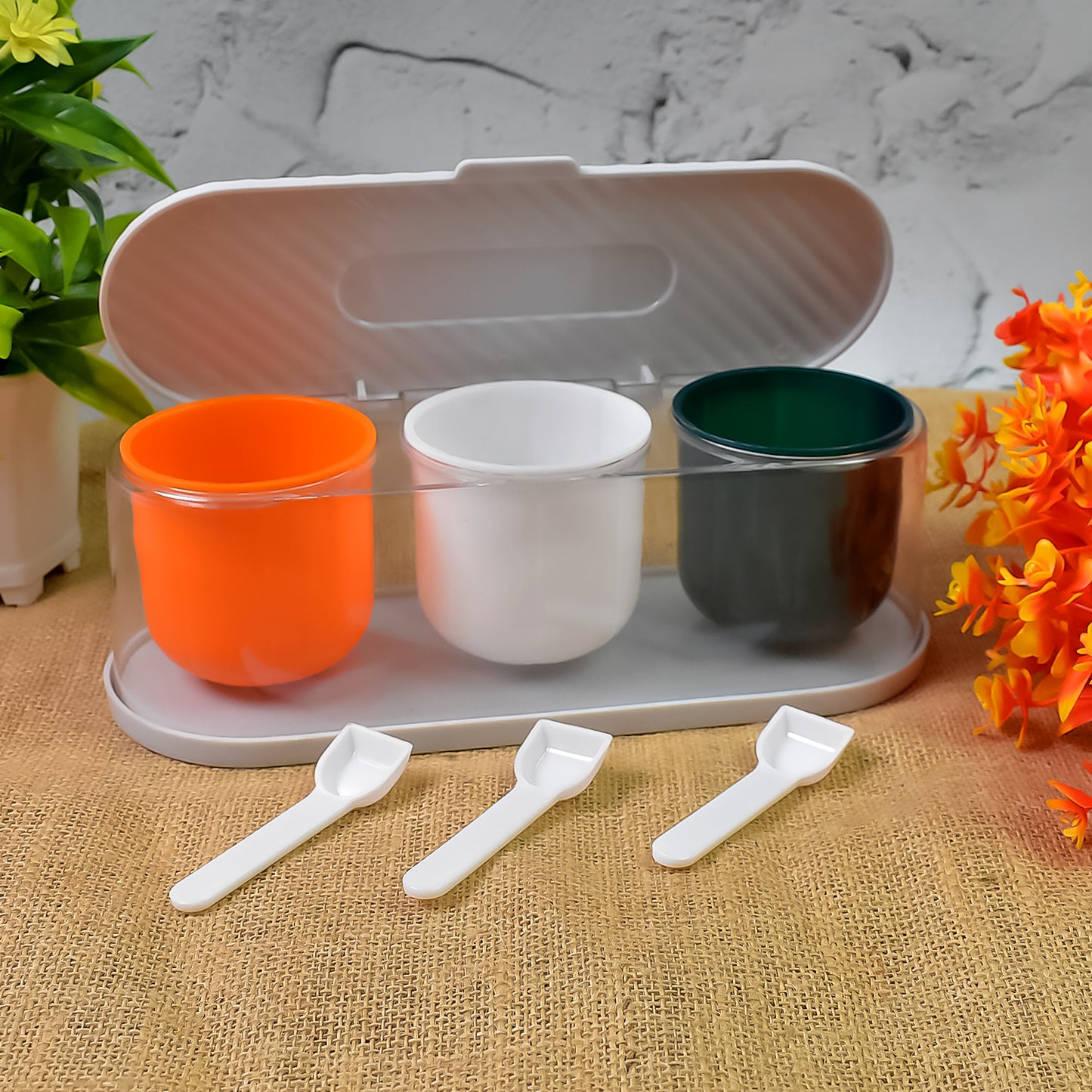 Homekitchen 3 Grid Seasoning Spice  Masala Box Kit With Spoon (Multicolor  1 Set)