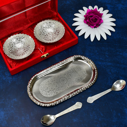 Silver Plated 2 Bowl 2 Spoon Tray Set Brass With Red Velvet Gift Box Serving Dry Fruits Desserts Gift