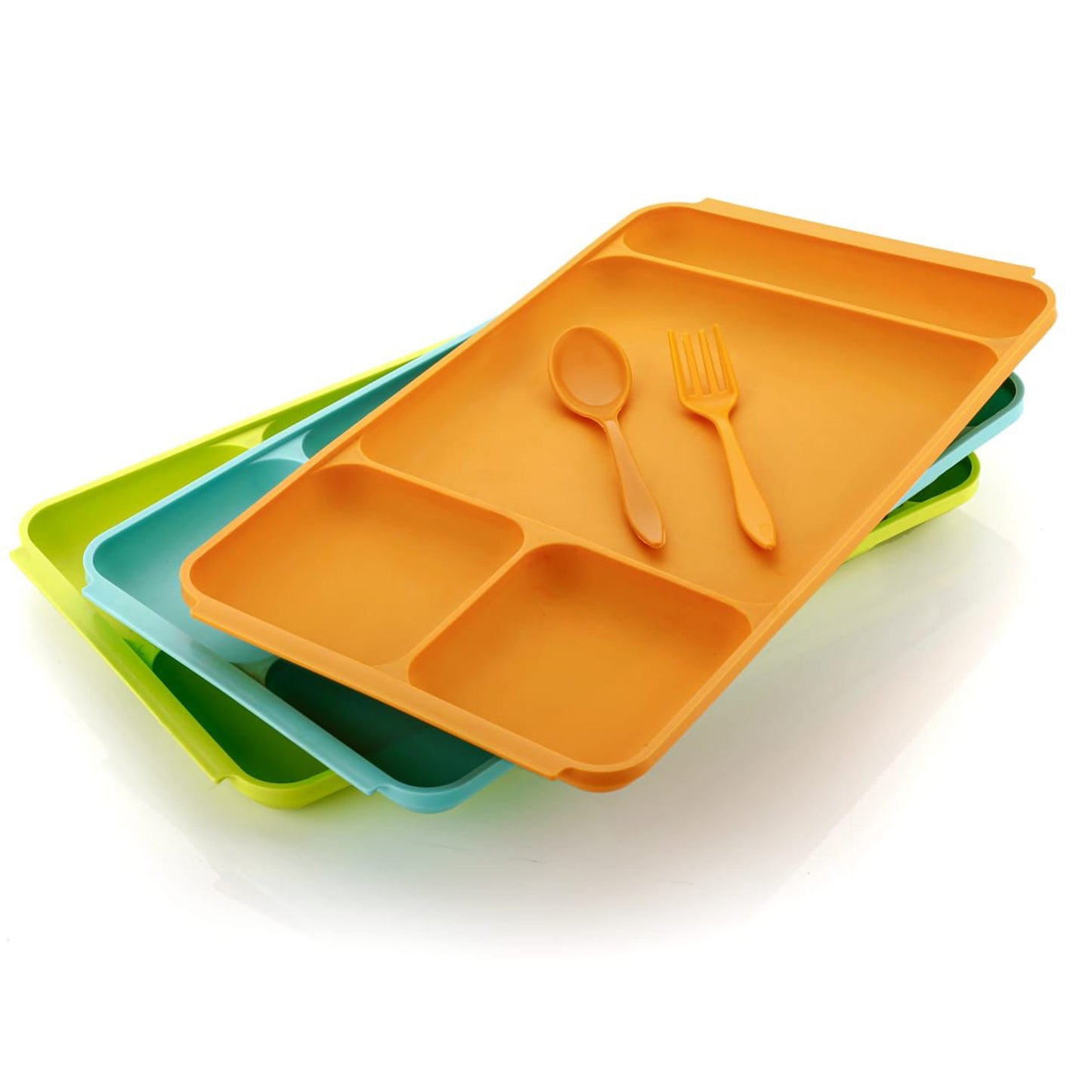 4 Compartment Dish With Spoon And Fork(1 Dish Set With 1Spoon And 1Fork) Dinner Plate Plastic Compartment Plate Pav Bhaji Plate 4-Compartments Divided Plastic Food Plate.