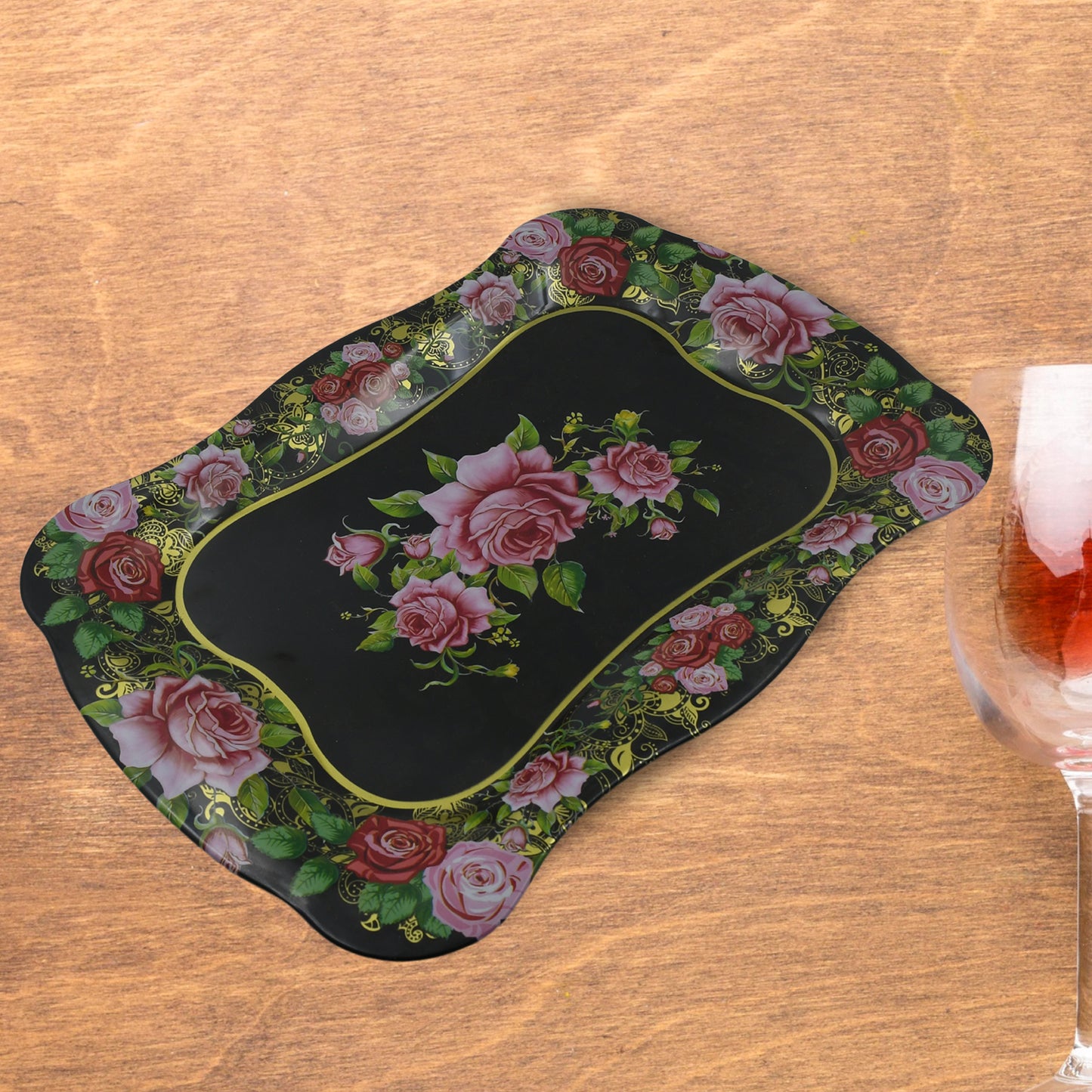 Stainless Steel Serving Tray With Flower Printed Rectangle Premium Dining Table Plate (18 X 8.5 Inch  1 Pc)