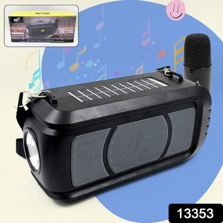 Wireless Bluetooth Speaker 5W High Bass With Wireless Mic  Microphone Led Torch Solar Charging Support Usb  Adjustable Strap (1 Set)