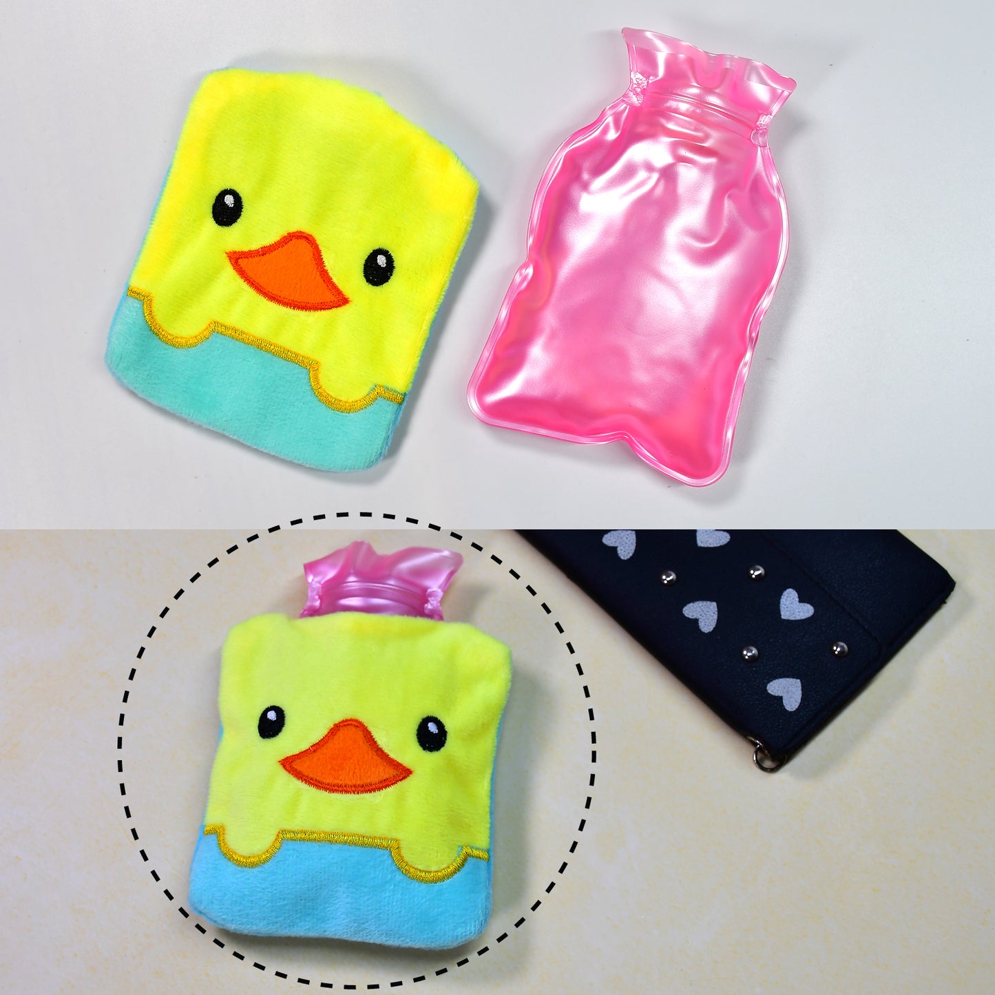 Yellow Duck Design Small Hot Water Bag With Cover For Pain Relief Neck Shoulder Pain And Hand Feet Warmer Menstrual Cramps.