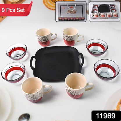 Healthy Choice Set Of 4Pc Ceramic Cup And 4Pc Glass Bowl With Plastic Plate (9 Pcs Set)