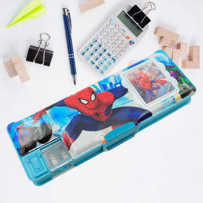 Art  Stationery Cartoon Multi-Functional Geometry Box For Boys With Inbuilt Calculator 2 Sides Open And Double Sharpener Stationery Kit Pencil Box For Boys Art Plastic Pencil Box  For Girls And Boys