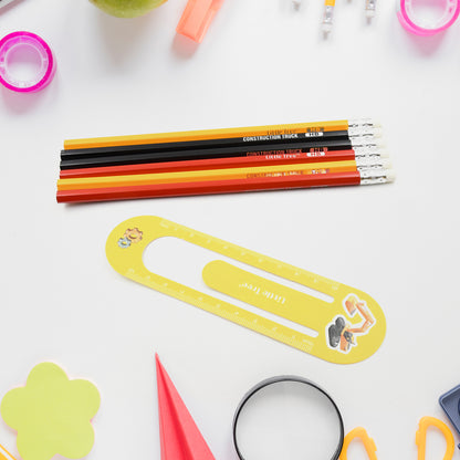 Pencil And Eraser Set Construction Truck Theme Stationery Kit Includes 6 Pencils 4 Erasers 1 Sharpener 1 Ruler Bookmark 1 Pencil Cap Stationary For Birthday Gifts For Kids Birthday Return Gifts (13 Pc Set)