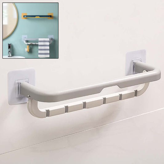 Wall Mounted Double Bar Towel Holder With Hooks  Multifunctional Adjustable Towels Rack For Kitchenbathroom  Folding Towel Shelf
