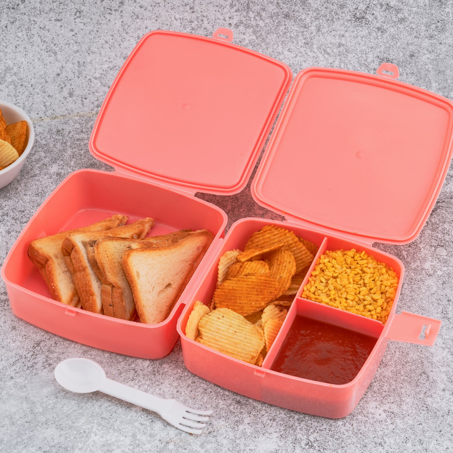 Double-Layer Square Lunch Box With  Spoon  4 Compartment Tiffin  Push Lock  Plastic Tiffin Box For Travelling School Kids  Office Exclusive Home