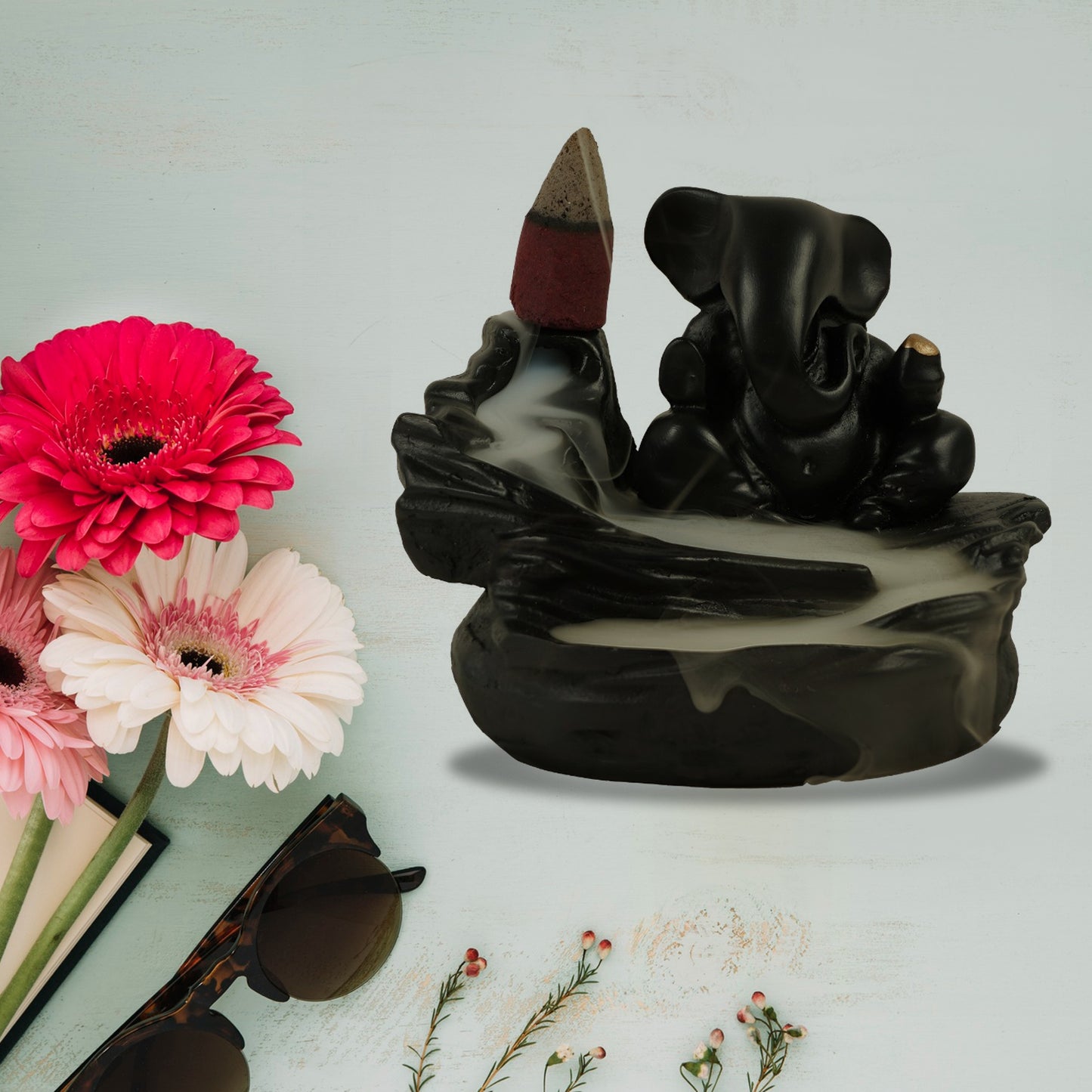 Smokefountain Ganesha Idol Decoration Items With 8 Pc Backflow Incense Cones Sticks (1 Pc)