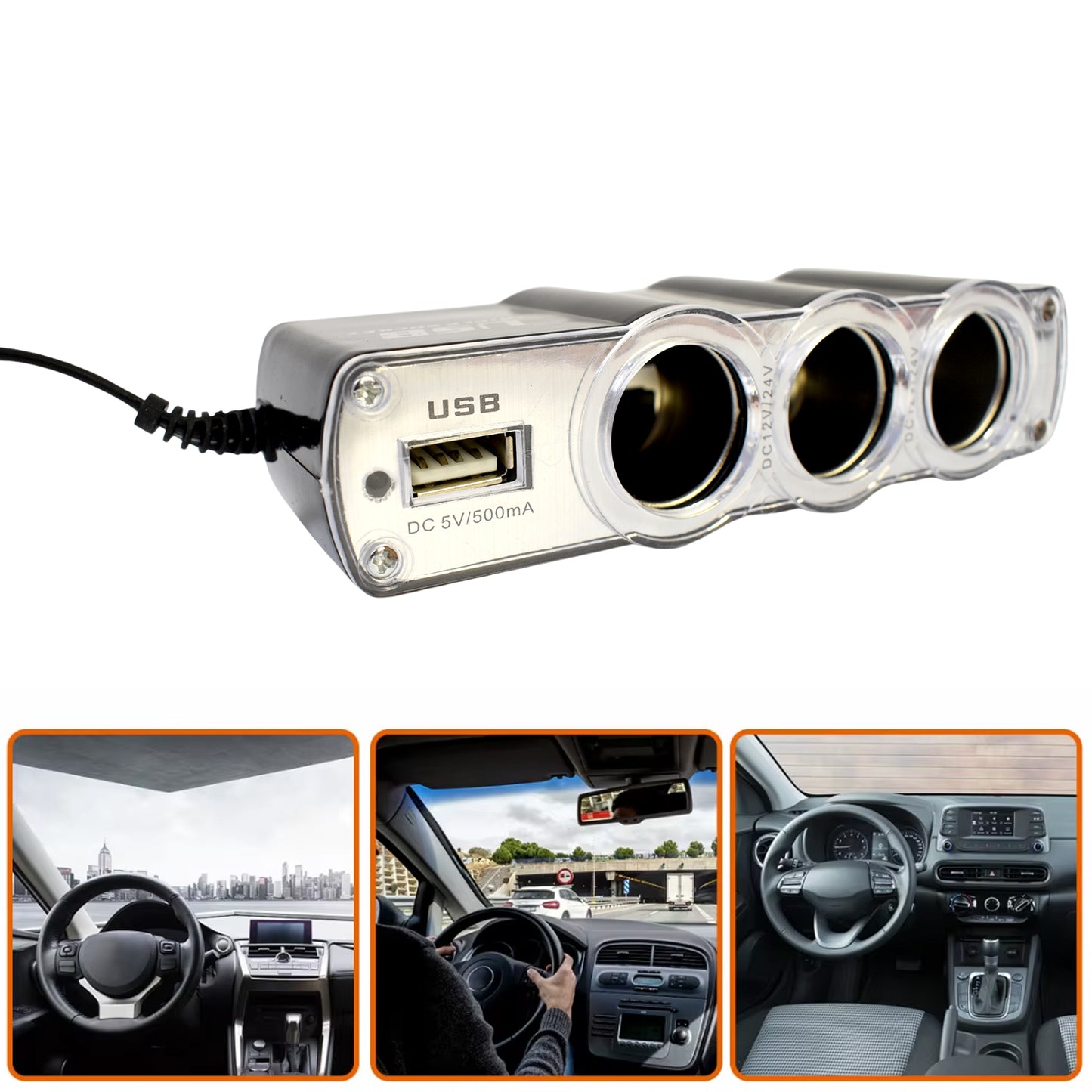 Triple 3 Way Car 12V Lighter Socket Splitter Usb Charger Power Adapter