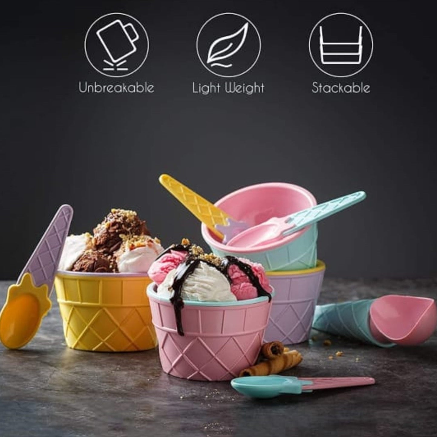 Ice Cream Bowl  Spoon Set Plastic Solid Colour Cream Cup Couple Bowl With Spoon. Ice Cream Spoon  Bowl Set 12 Pc Set Of Ice Cream Bowl  Spoon (Multi Color)