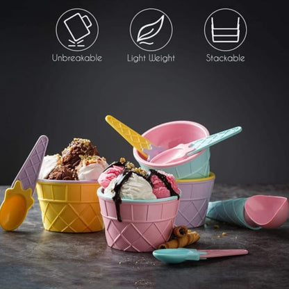 Ice Cream Bowl  Spoon Set Plastic Solid Colour Cream Cup Couple Bowl With Spoon. Ice Cream Spoon  Bowl Set 12 Pc Set Of Ice Cream Bowl  Spoon (Multi Color)
