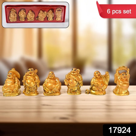 Golden Laughing Buddha Set Of Six Pieces Statue For Happiness Wealth  Good Luck Decor For Wealth And Success (6 Pcs Set)