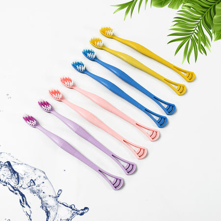 2-In-1 Tooth Brush With Tongue Scraper Soft Bristle  Long Handle (8Pcs) Soft Toothbrush
