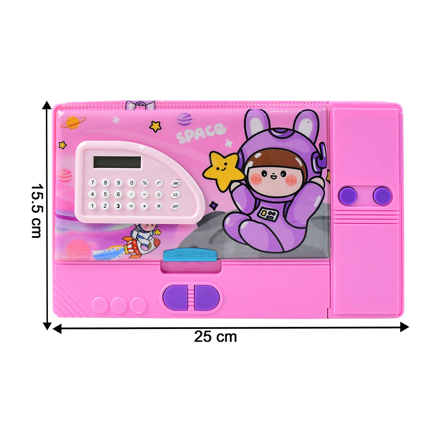 Multi-Functional Space Theme Pencil Box With Built-In Calculator (1 Pc)
