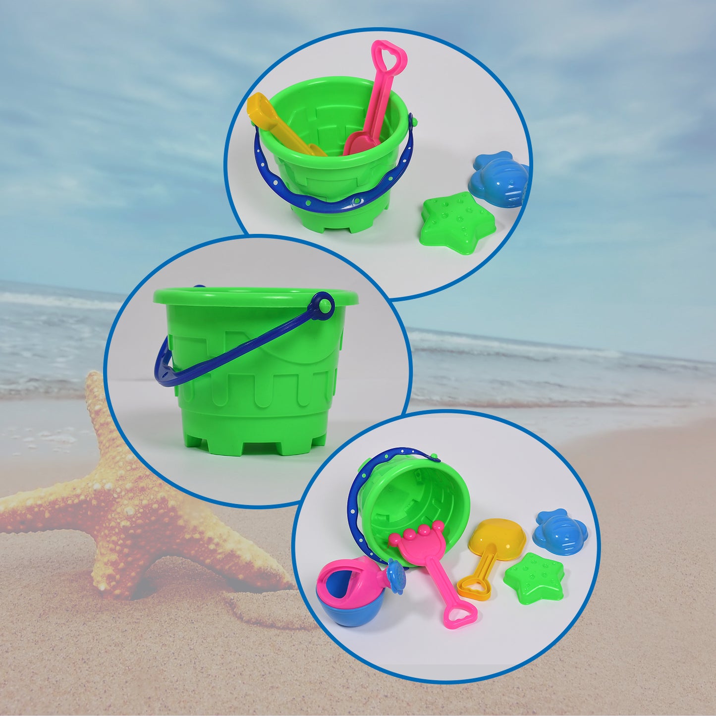 Sand Game Castle Building Plastic Beach Toy Set For Kids Summer Fun Creative Activity Playset Gardening Tool With Accessories  Bucket-Pack Of 6 Pcs