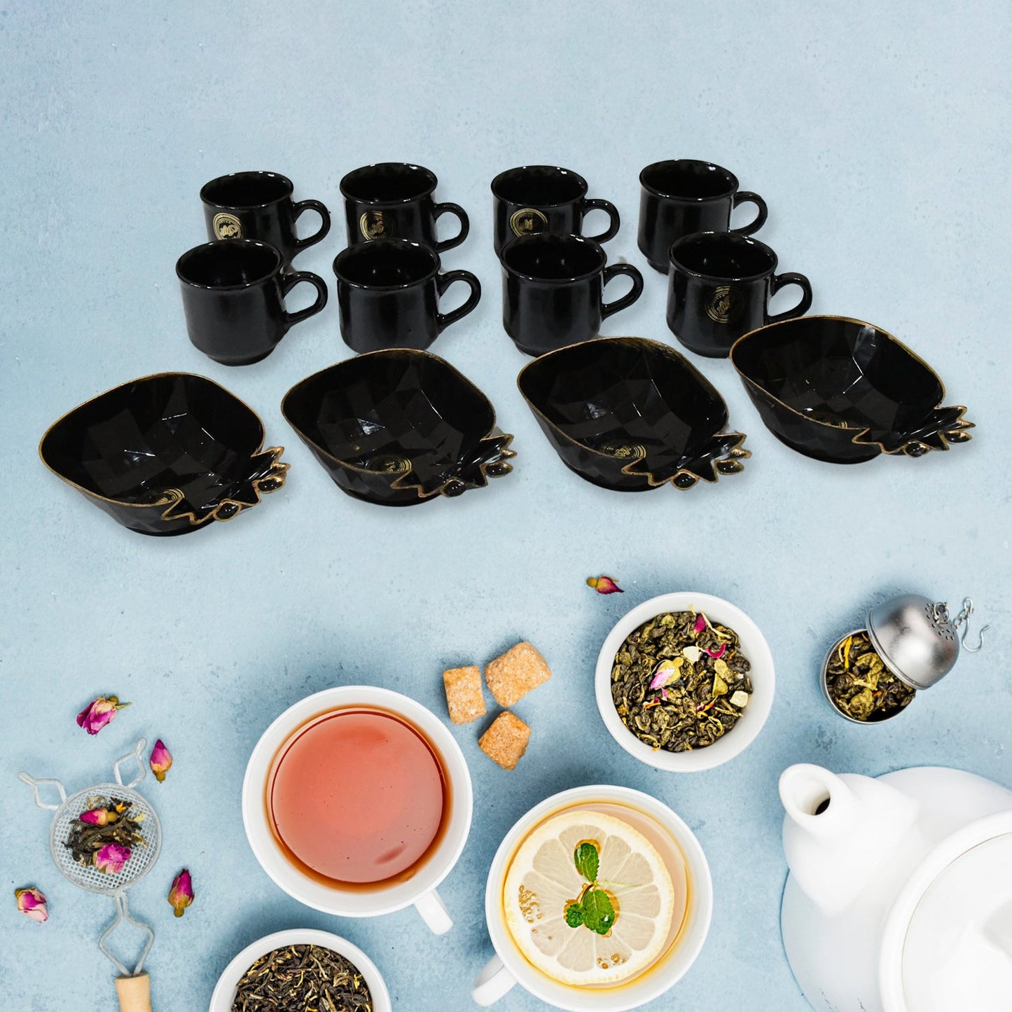 Pinejunction Ceramic Tea  Cups  Mug Set With Pineapple Shape Serving Bowl  (12 Pcs Set)