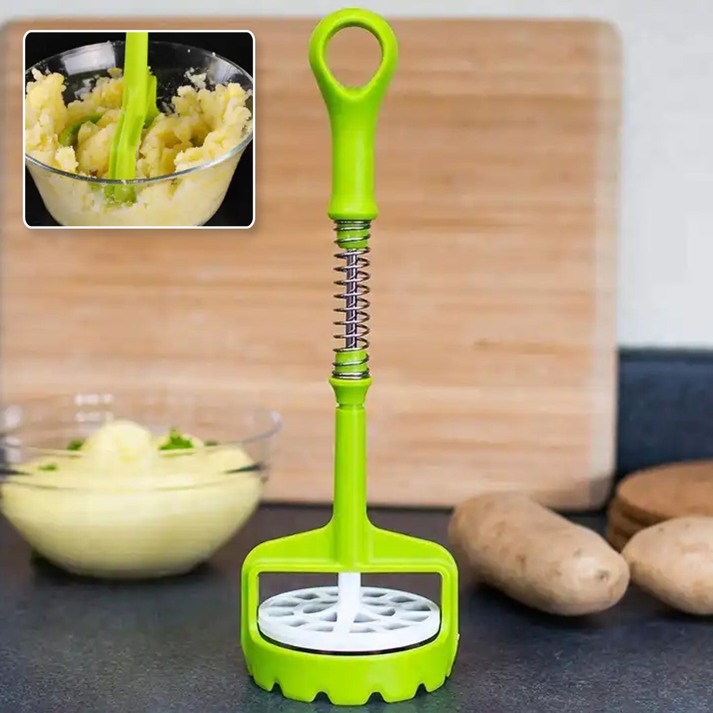 Multi Functional One-Handed Plastic Manual Mashed Potatoes Masher Mash Sweet Potato Masher With Comfort Grip And Stainless-Steel Spring Design For Nonstick Pans (1 Pc)