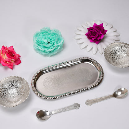 Silver Plated 2 Bowl 2 Spoon Tray Set Brass With Red Velvet Gift Box Serving Dry Fruits Desserts Gift