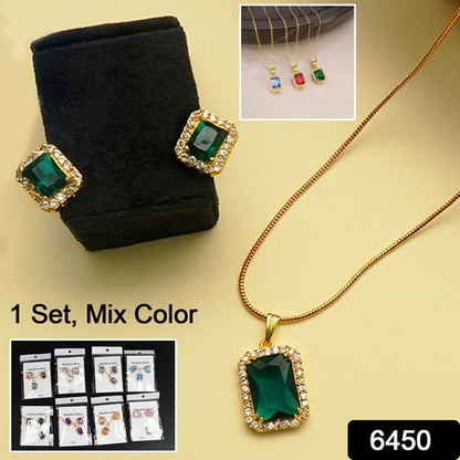 Stonependant Necklace Chain Set With Earrings (1 Set  Mix Color  Design)