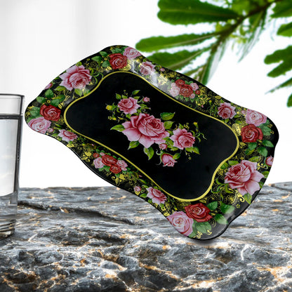 Stainless Steel Serving Tray With Flower Printed Rectangle Premium Dining Table Plate (18 X 8.5 Inch  1 Pc)