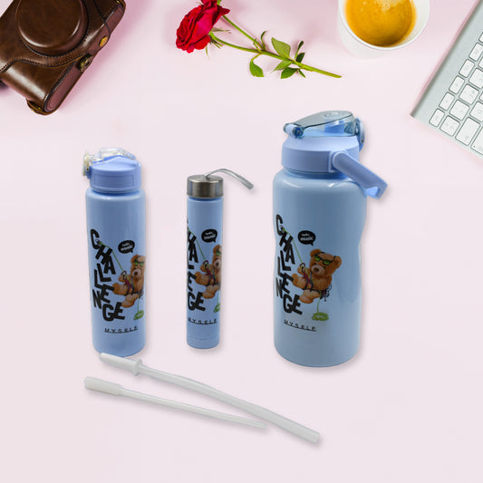 Plastic Water Bottle 3Pc Set3  Different Size Bottle High Quality Water Bottle Plastic Water Bottle Bpa-Free  Leak-Proof  Cartoon Printed Design For Kids School For Fridge Office Sports School Gym Yoga (3 Pc Set)