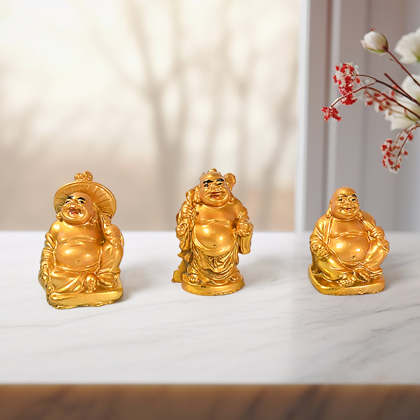 Golden Laughing Buddha Set Of Six Pieces Statue For Happiness Wealth  Good Luck Decor For Wealth And Success (6 Pcs Set)