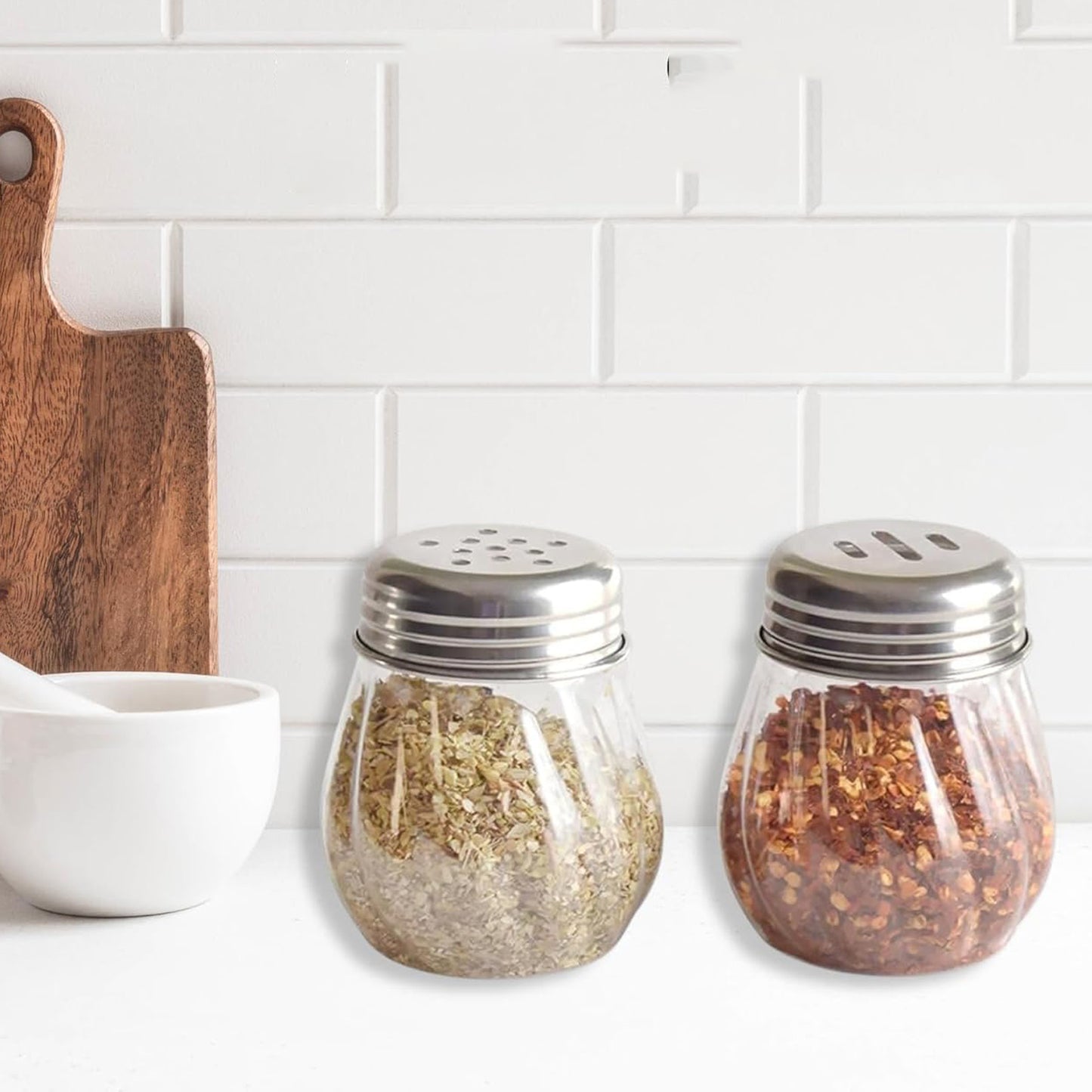 Apexoregano  Chilli Flakes Dispenser Set  2 Pcs Glass Spice Shaker With Stainless Steel Lid