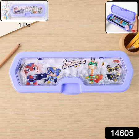 Cartoon Character Printed Plastic Pencil Box With Built-In Maze Puzzle Game (1 Pc)