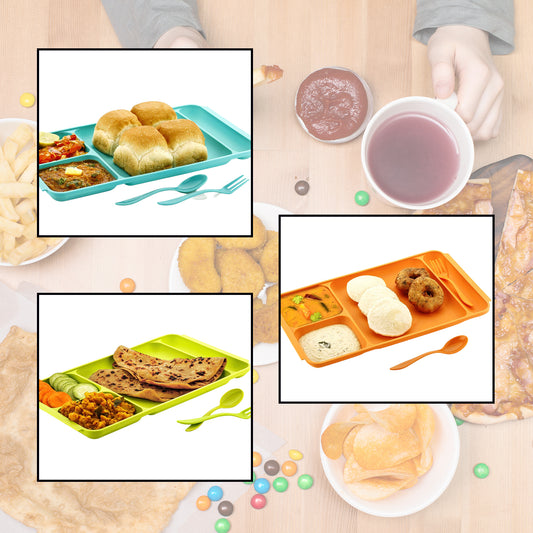 4 Compartment Dish With Spoon And Fork(1 Dish Set With 1Spoon And 1Fork) Dinner Plate Plastic Compartment Plate Pav Bhaji Plate 4-Compartments Divided Plastic Food Plate.