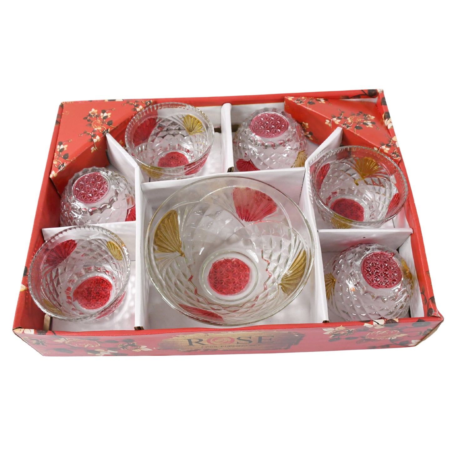 Rose Glass Multipurpose Pudding  Dessert  Ice Cream Bowl Set For Home Use Home  Kitchen Serving Bowl For Sundae Sweets Snacks Fruit Pudding Nuts Or Dip Serving Bowls 6 Medium  1 Big Bowl (Set Of 7 Pc)