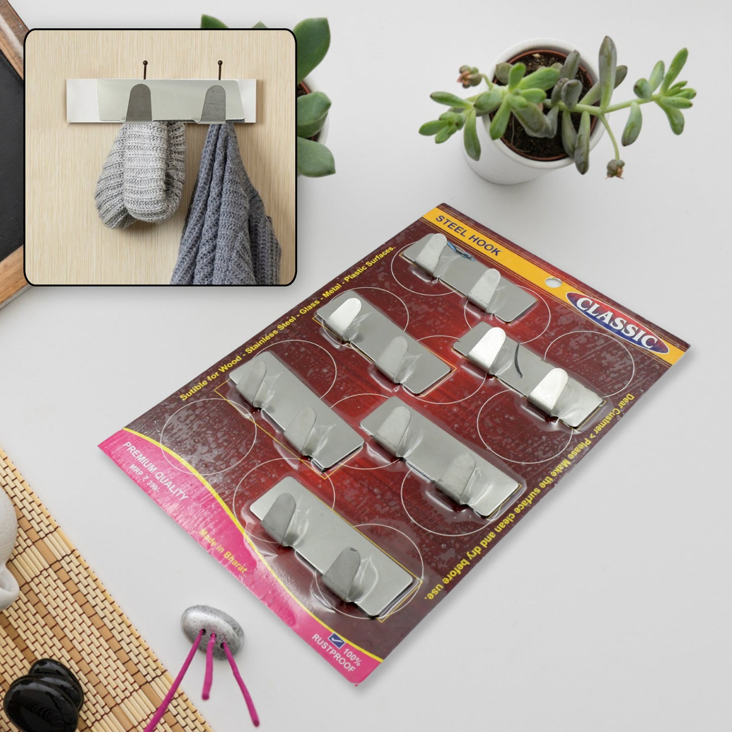 Multipurpose  Stainless Steel Self Adhesive Wall Hanging Hooks Sticker Hooksuitable For Wall Paper Calender Bathroom Tiles Kitchen Key Hange And Etc Double Hook (6 Pc Set)