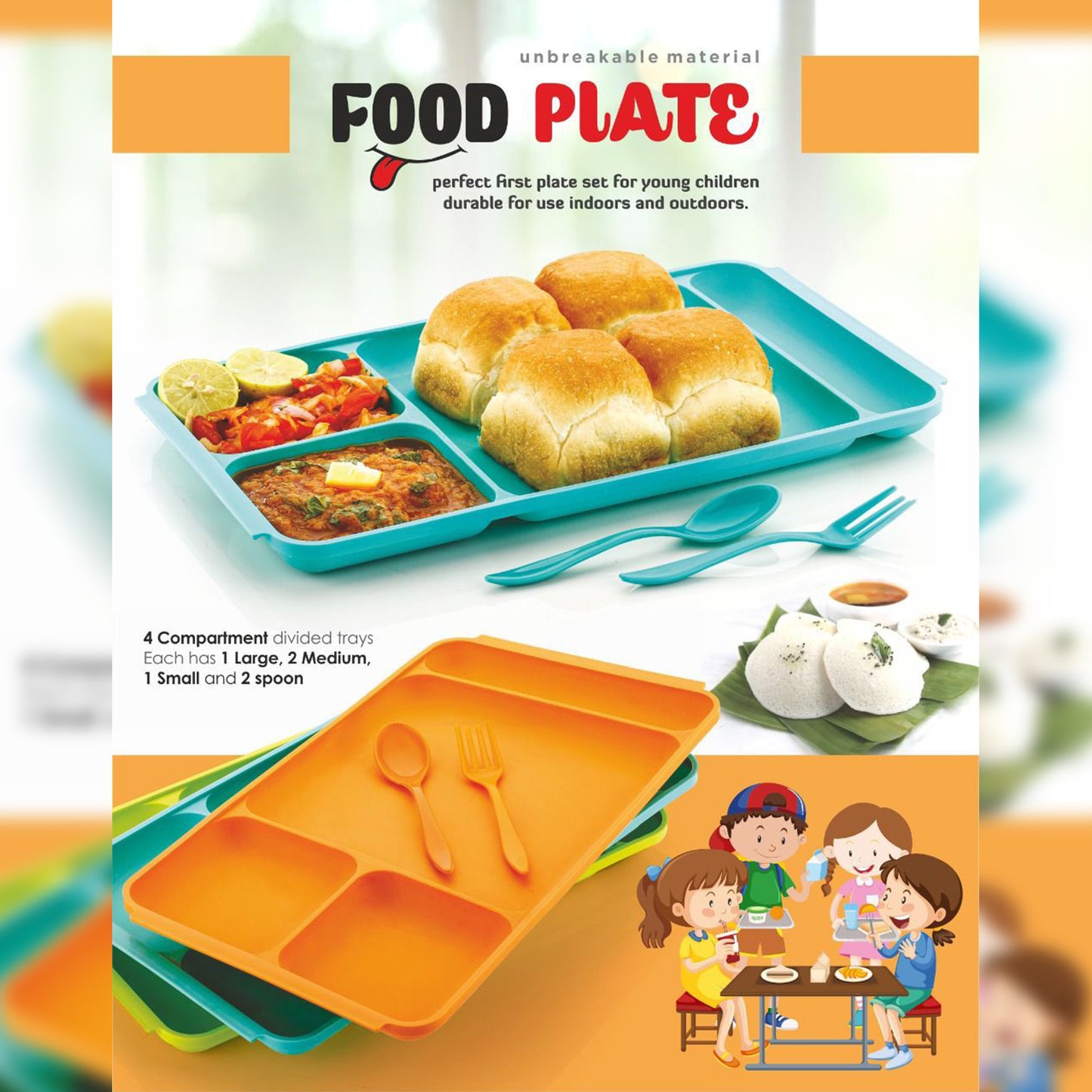4 Compartment Dish With Spoon And Fork(1 Dish Set With 1Spoon And 1Fork) Dinner Plate Plastic Compartment Plate Pav Bhaji Plate 4-Compartments Divided Plastic Food Plate.