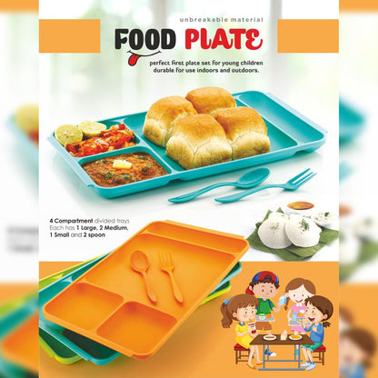 4 Compartment Dish With Spoon And Fork(1 Dish Set With 1Spoon And 1Fork) Dinner Plate Plastic Compartment Plate Pav Bhaji Plate 4-Compartments Divided Plastic Food Plate.