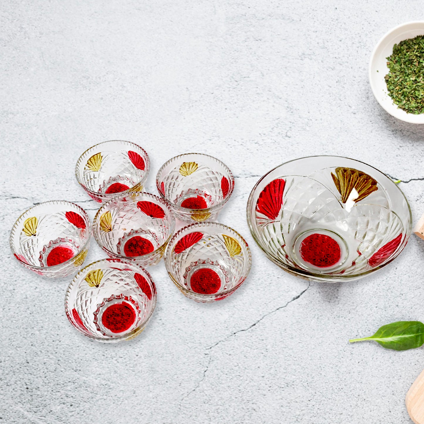 Rose Glass Multipurpose Pudding  Dessert  Ice Cream Bowl Set For Home Use Home  Kitchen Serving Bowl For Sundae Sweets Snacks Fruit Pudding Nuts Or Dip Serving Bowls 6 Medium  1 Big Bowl (Set Of 7 Pc)